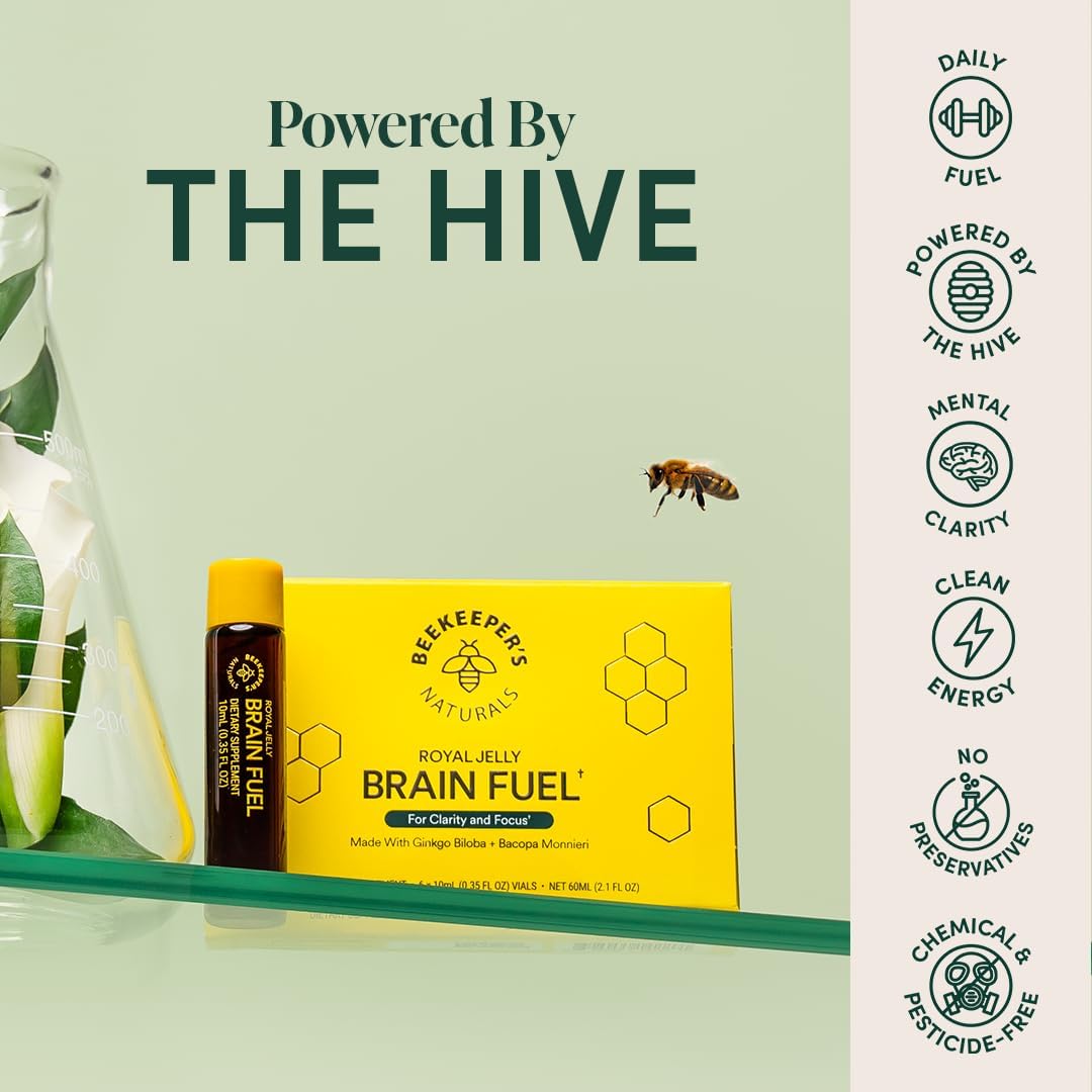 Beekeeper's Naturals B.LXR Brain Fuel Liquid Formula - Memory, Focus, Clarity Support with Royal Jelly, Ginkgo Biloba, Bacopa Monnieri - Keto Friendly, Gluten & Caffeine-Free - 6 ct (2 Pack)