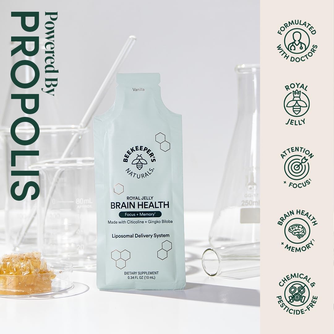 Beekeeper's Naturals Nootropic Brain Supplement with Citocoline, Ginkgo Biloba, Bacopa Monnieri, and Royal Jelly - Supports Focus, Memory, and Easier Absorption - 10ct Vanilla Flavor