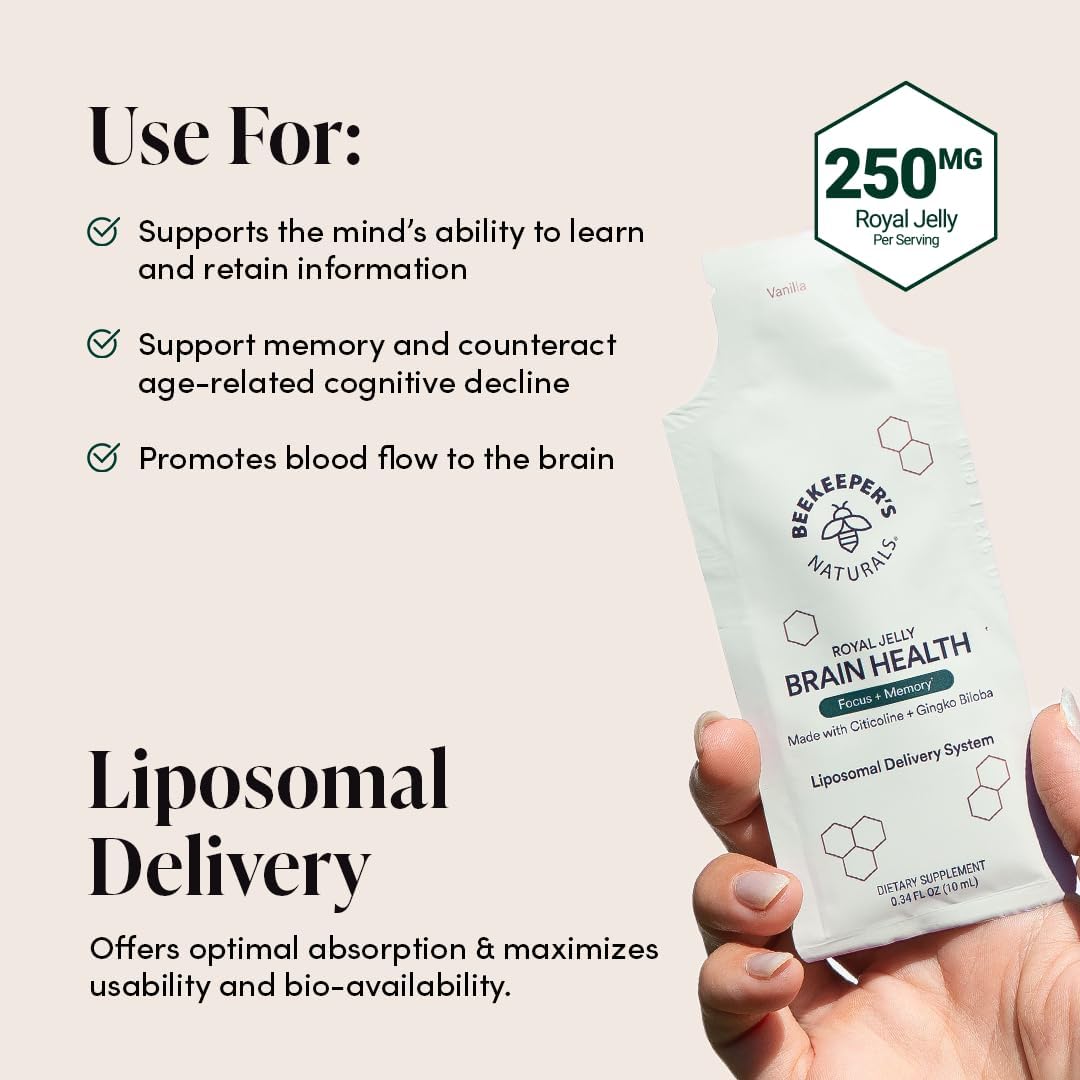 Beekeeper's Naturals Nootropic Brain Supplement with Citocoline, Ginkgo Biloba, Bacopa Monnieri, and Royal Jelly - Supports Focus, Memory, and Easier Absorption - 10ct Vanilla Flavor