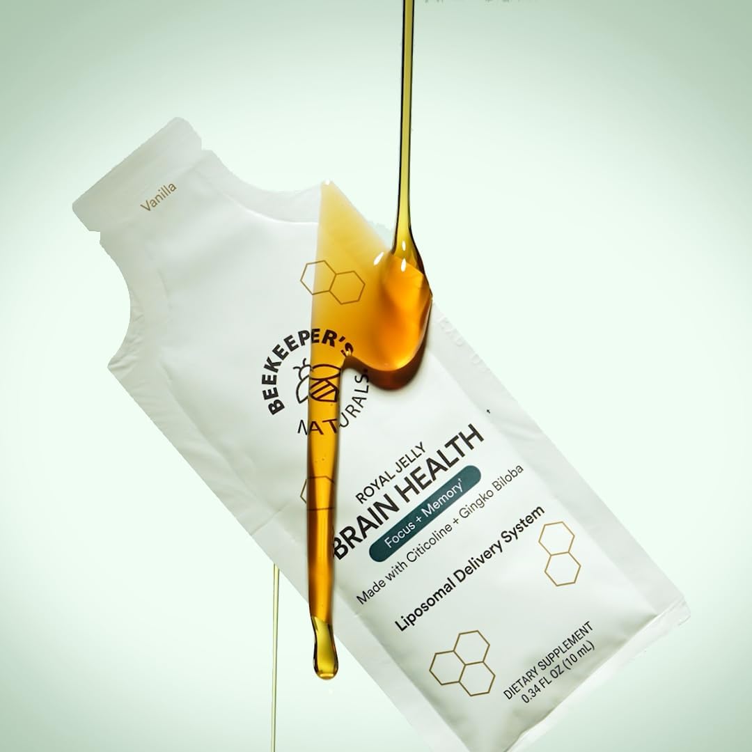 Beekeeper's Naturals Nootropic Brain Supplement with Citocoline, Ginkgo Biloba, Bacopa Monnieri, and Royal Jelly - Supports Focus, Memory, and Easier Absorption - 10ct Vanilla Flavor