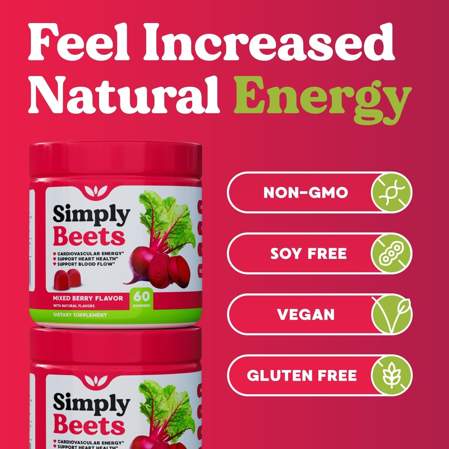 Beet Gummies with CoQ10 for Energy Support - Non-GMO, Mixed Berry Flavor - 60 Count