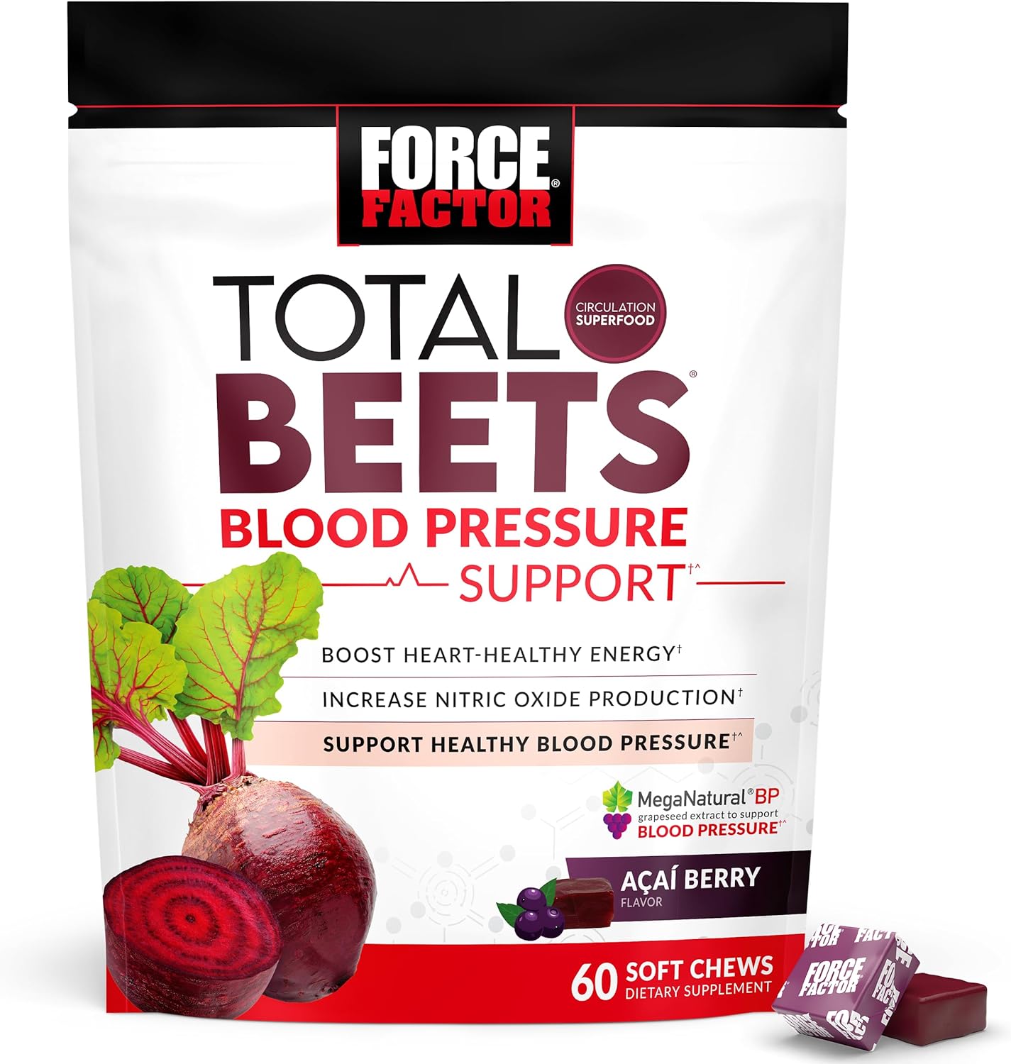 Beet Powder Chewables for Heart Health & Energy, 60 Chews - Force Factor Total Beets Blood Pressure Support with Nitric Oxide Boost
