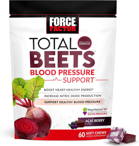 Beet Powder Chewables for Heart Health & Energy, 60 Chews - Force Factor Total Beets Blood Pressure Support with Nitric Oxide Boost