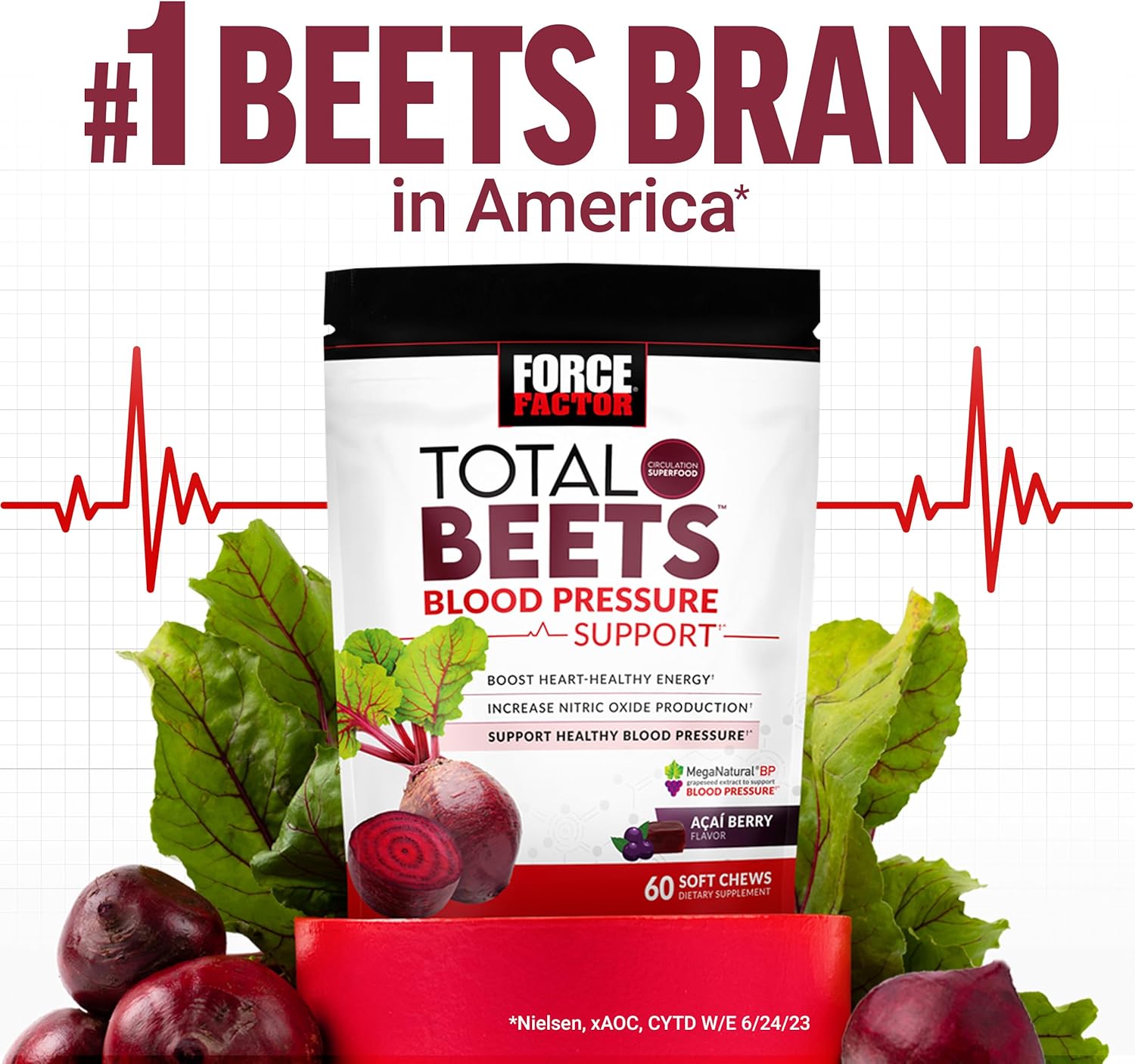 Beet Powder Chewables for Heart Health & Energy, 60 Chews - Force Factor Total Beets Blood Pressure Support with Nitric Oxide Boost