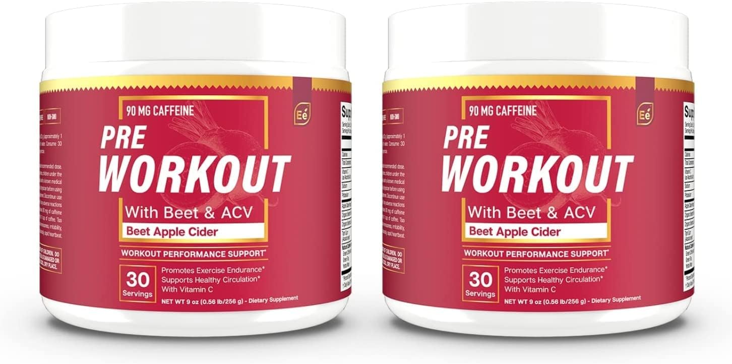 Beet Root & ACV PreWorkout Powder: Superfood Energy Supplement & Nitric Oxide Booster with Caffeine - 60 Servings (2 Pack)