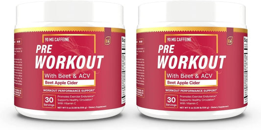 Beet Root & ACV PreWorkout Powder: Superfood Energy Supplement & Nitric Oxide Booster with Caffeine - 60 Servings (2 Pack)