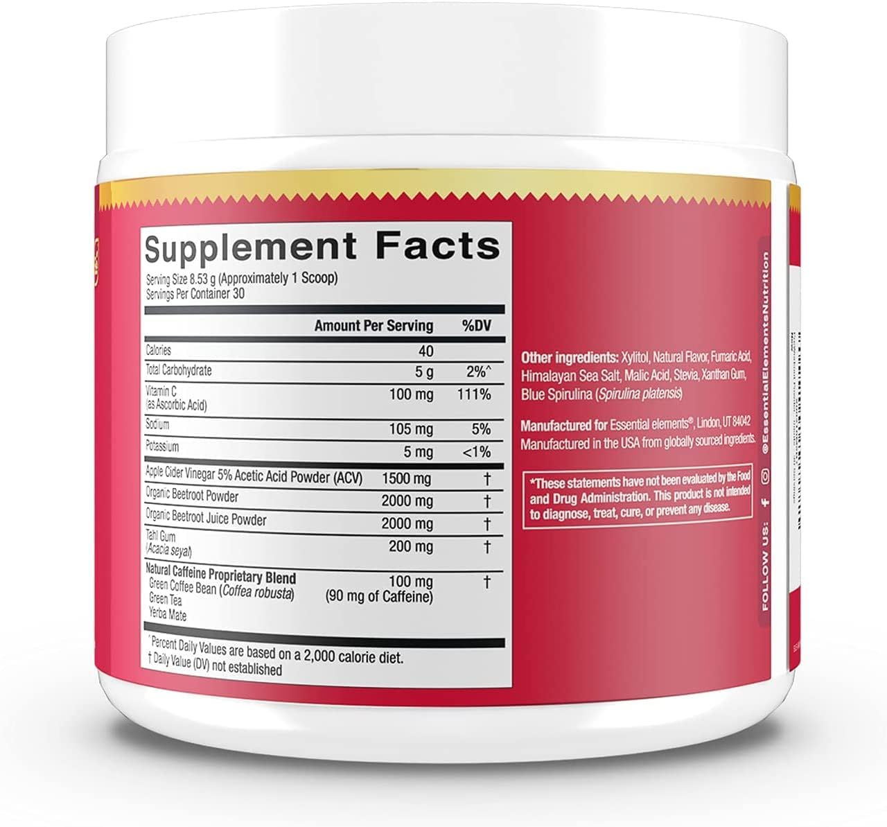 Beet Root & ACV PreWorkout Powder: Superfood Energy Supplement & Nitric Oxide Booster with Caffeine - 60 Servings (2 Pack)