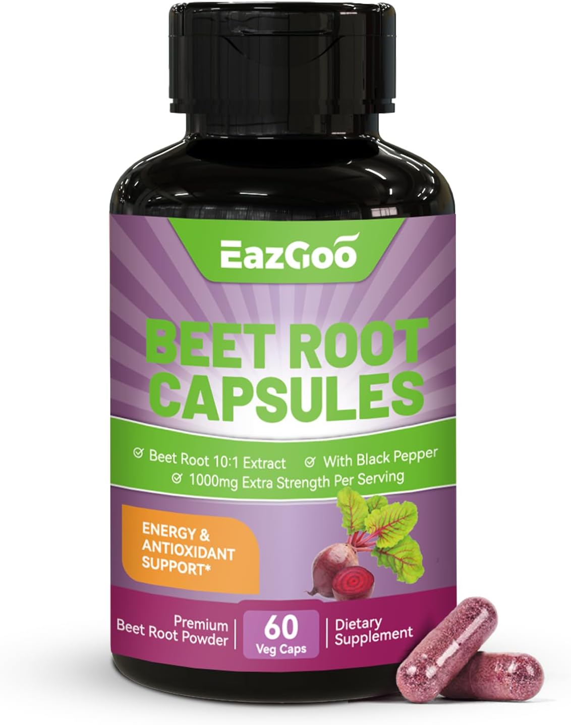 Beet Root Capsules 1000mg with Black Pepper Extract - Supports Nitric Oxide & Blood Pressure - 60 Count Vegan Capsules - Non-GMO & Gluten Free