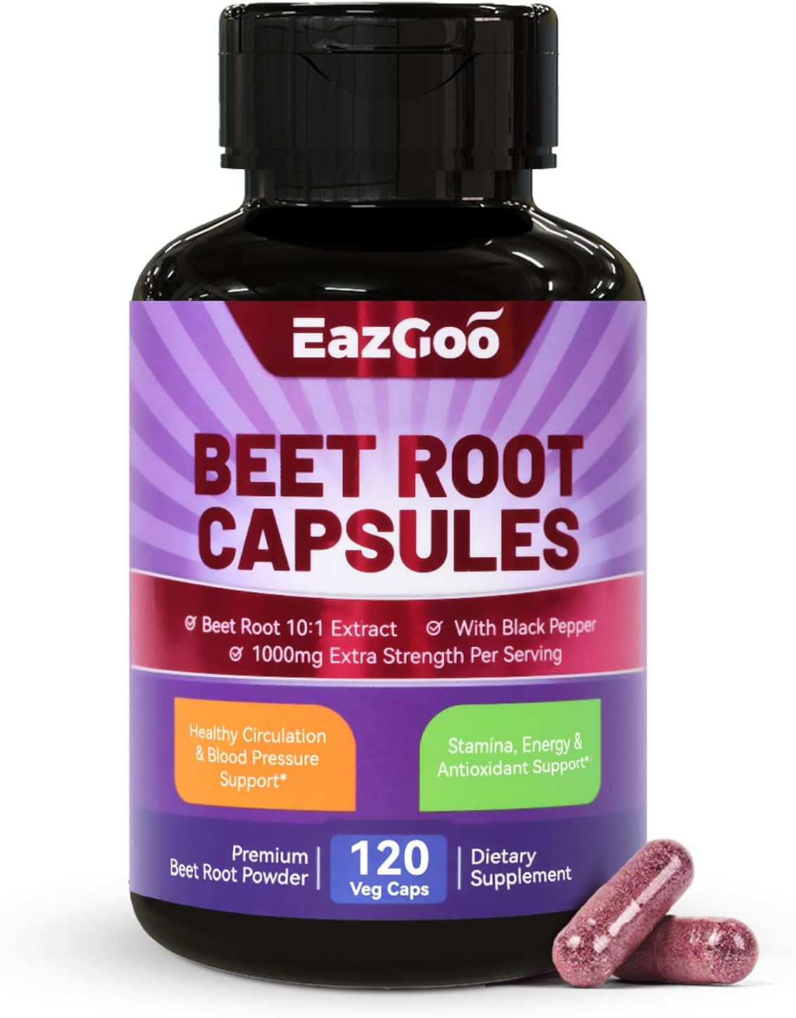 Beet Root Capsules 1000mg with Black Pepper Extract, Supports Nitric Oxide & Blood Pressure - 120 Count Non-GMO Vegan Formula