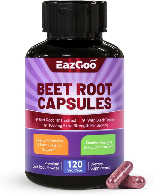 Beet Root Capsules 1000mg with Black Pepper Extract, Supports Nitric Oxide & Blood Pressure - 120 Count Non-GMO Vegan Formula