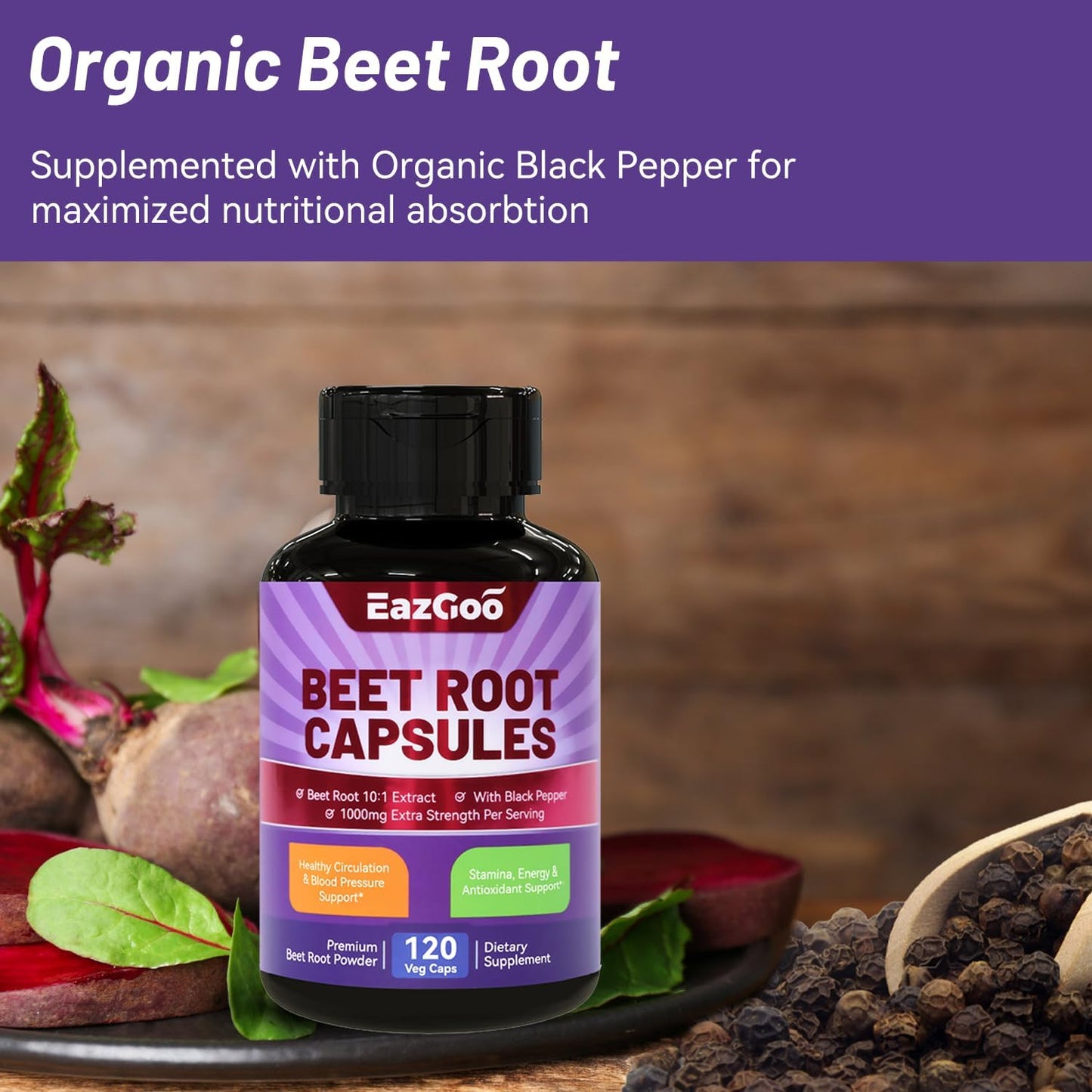 Beet Root Capsules 1000mg with Black Pepper Extract, Supports Nitric Oxide & Blood Pressure - 120 Count Non-GMO Vegan Formula