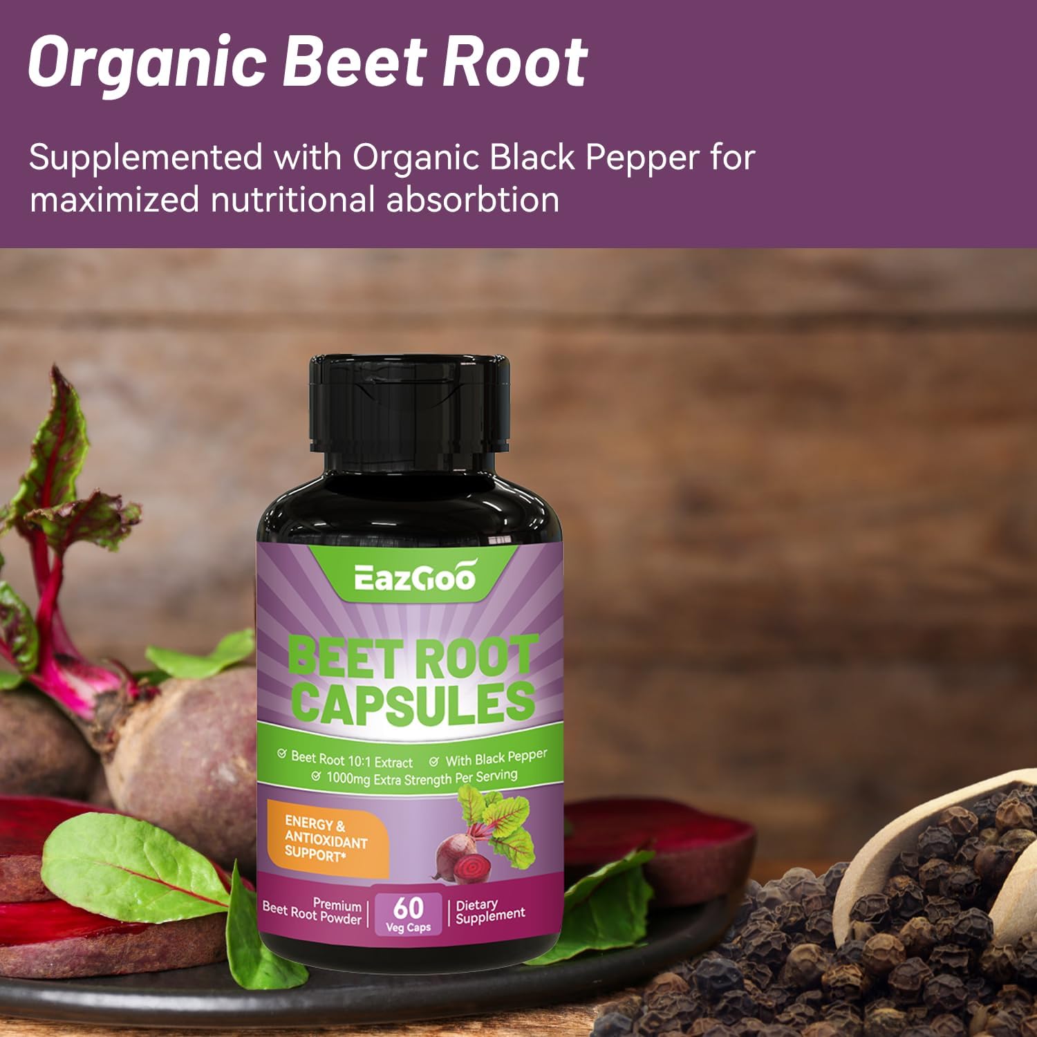Beet Root Capsules 1000mg with Black Pepper Extract - Supports Nitric Oxide & Blood Pressure - 60 Count Vegan Capsules - Non-GMO & Gluten Free