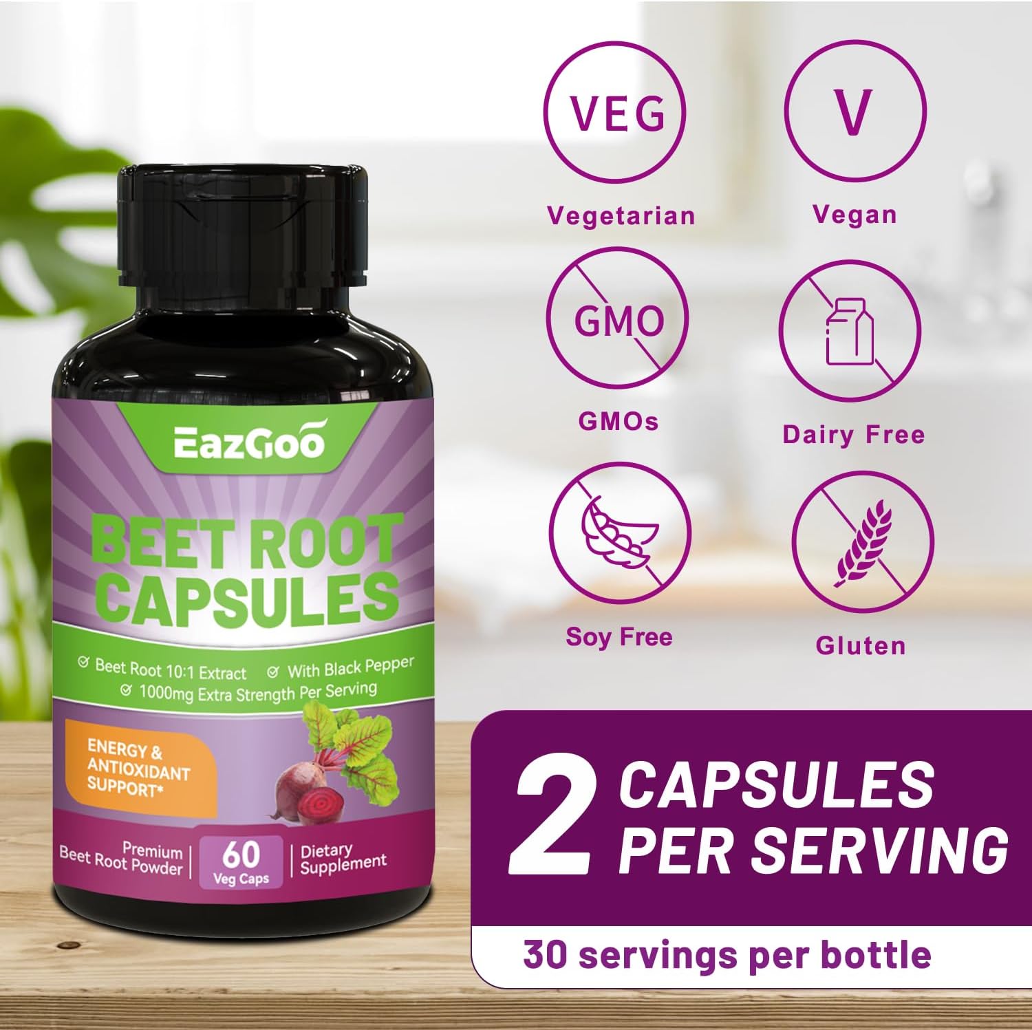 Beet Root Capsules 1000mg with Black Pepper Extract - Supports Nitric Oxide & Blood Pressure - 60 Count Vegan Capsules - Non-GMO & Gluten Free