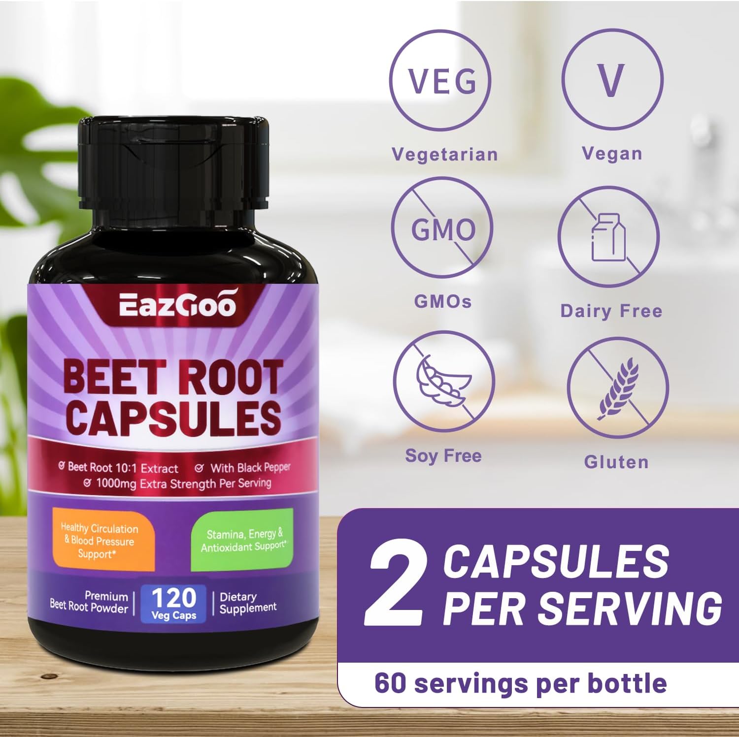 Beet Root Capsules 1000mg with Black Pepper Extract, Supports Nitric Oxide & Blood Pressure - 120 Count Non-GMO Vegan Formula
