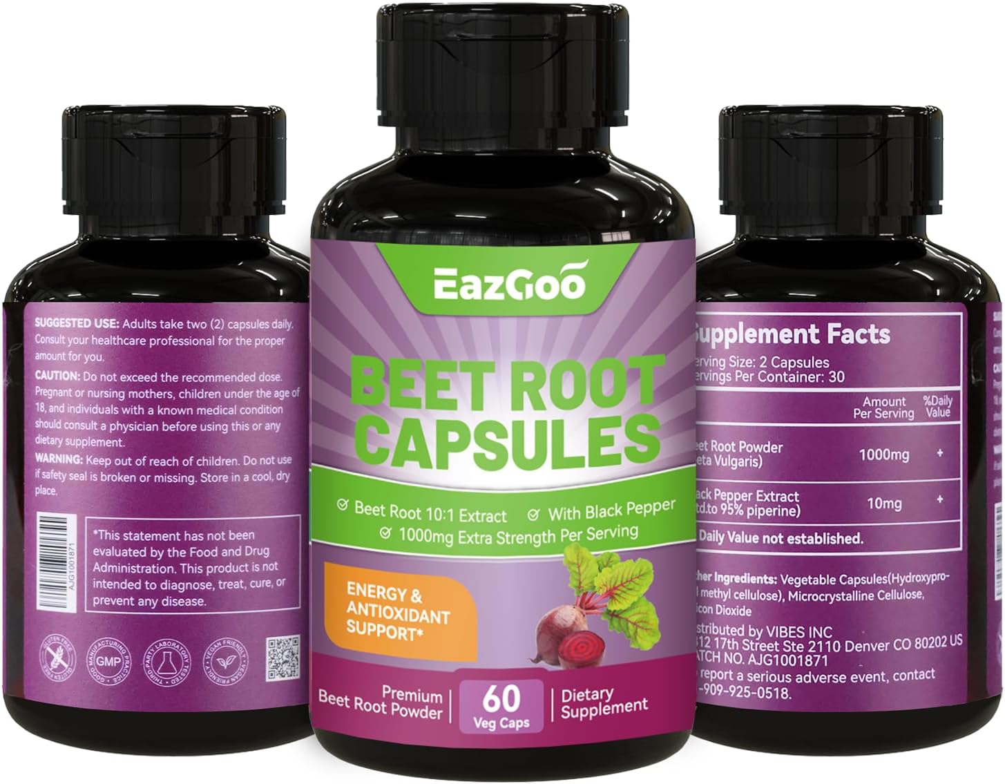 Beet Root Capsules 1000mg with Black Pepper Extract - Supports Nitric Oxide & Blood Pressure - 60 Count Vegan Capsules - Non-GMO & Gluten Free