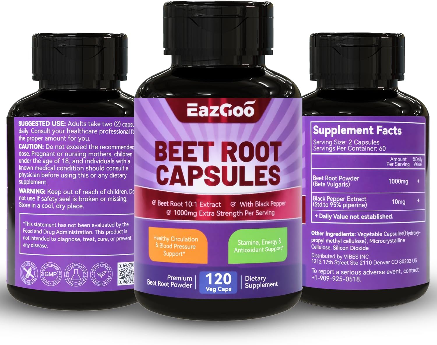 Beet Root Capsules 1000mg with Black Pepper Extract, Supports Nitric Oxide & Blood Pressure - 120 Count Non-GMO Vegan Formula