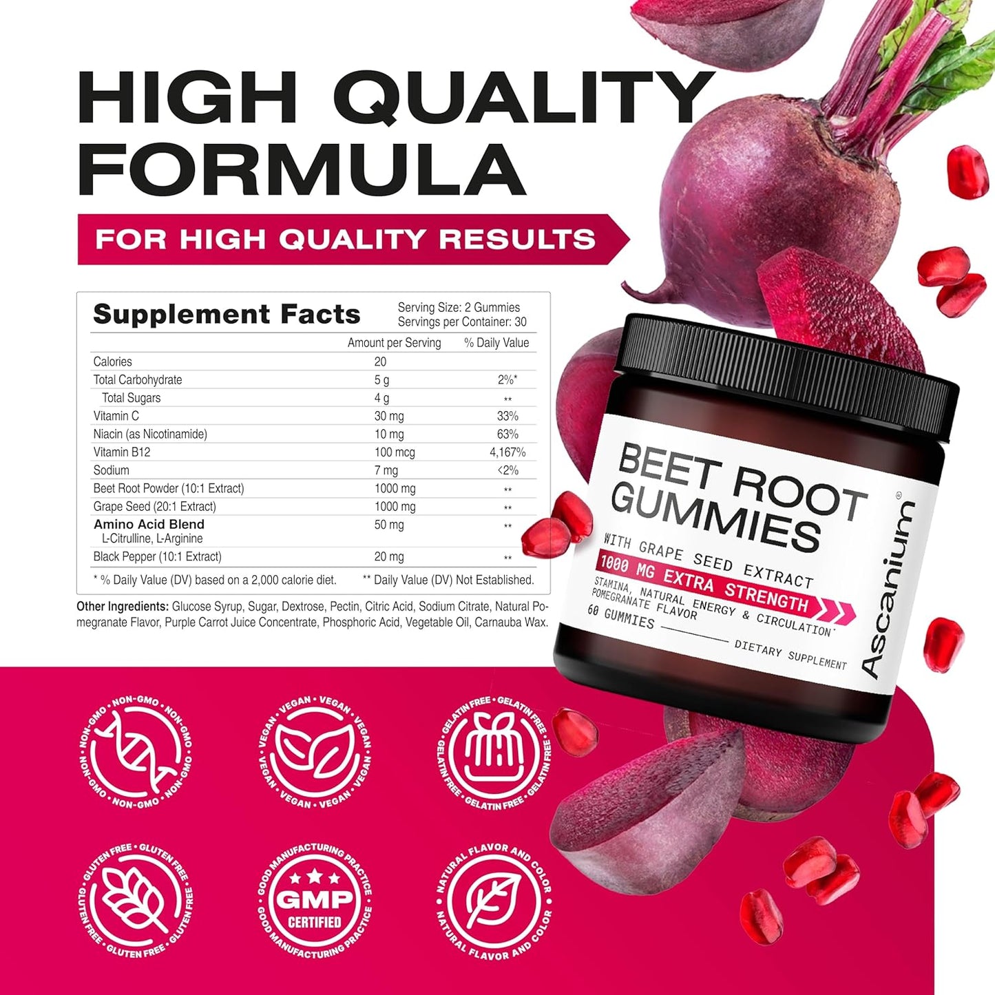 Beet Root & Grape Seed Gummies 1000mg - Supports Circulation, Energy, and Stamina - 60 Chews