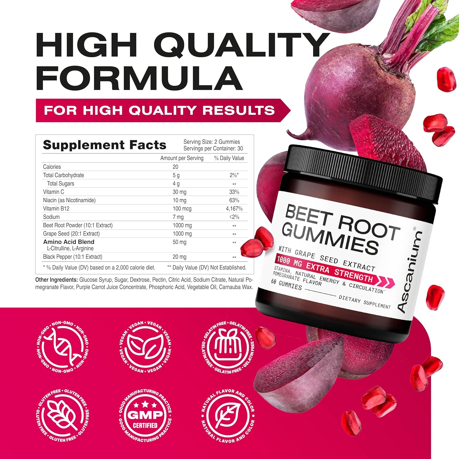 Beet Root & Grape Seed Gummies 1000mg - Supports Circulation, Energy, and Stamina - 60 Chews