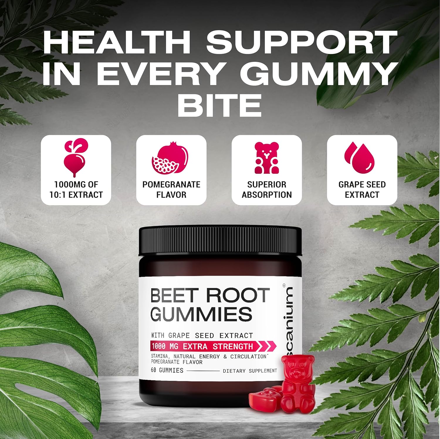 Beet Root & Grape Seed Gummies 1000mg - Supports Circulation, Energy, and Stamina - 60 Chews