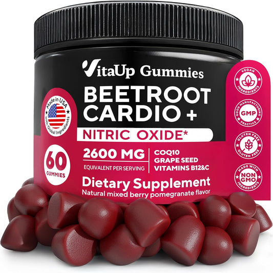 Beet Root Gummies with Grape Seed, Coq10, Vitamin C & B12 - 60 Nitric Oxide Chews for Energy & Immunity Boost