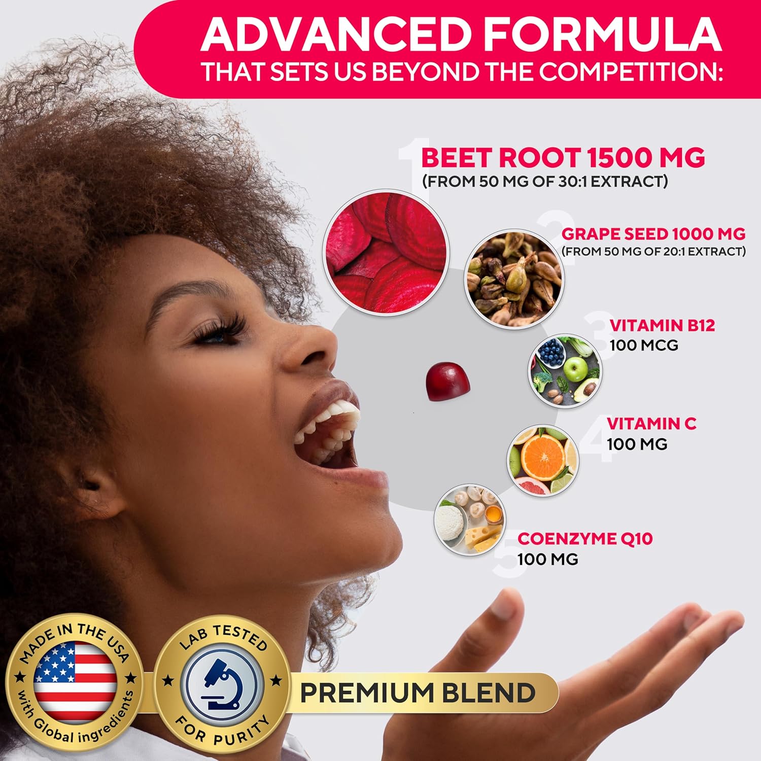 Beet Root Gummies with Grape Seed, Coq10, Vitamin C & B12 - 60 Nitric Oxide Chews for Energy & Immunity Boost