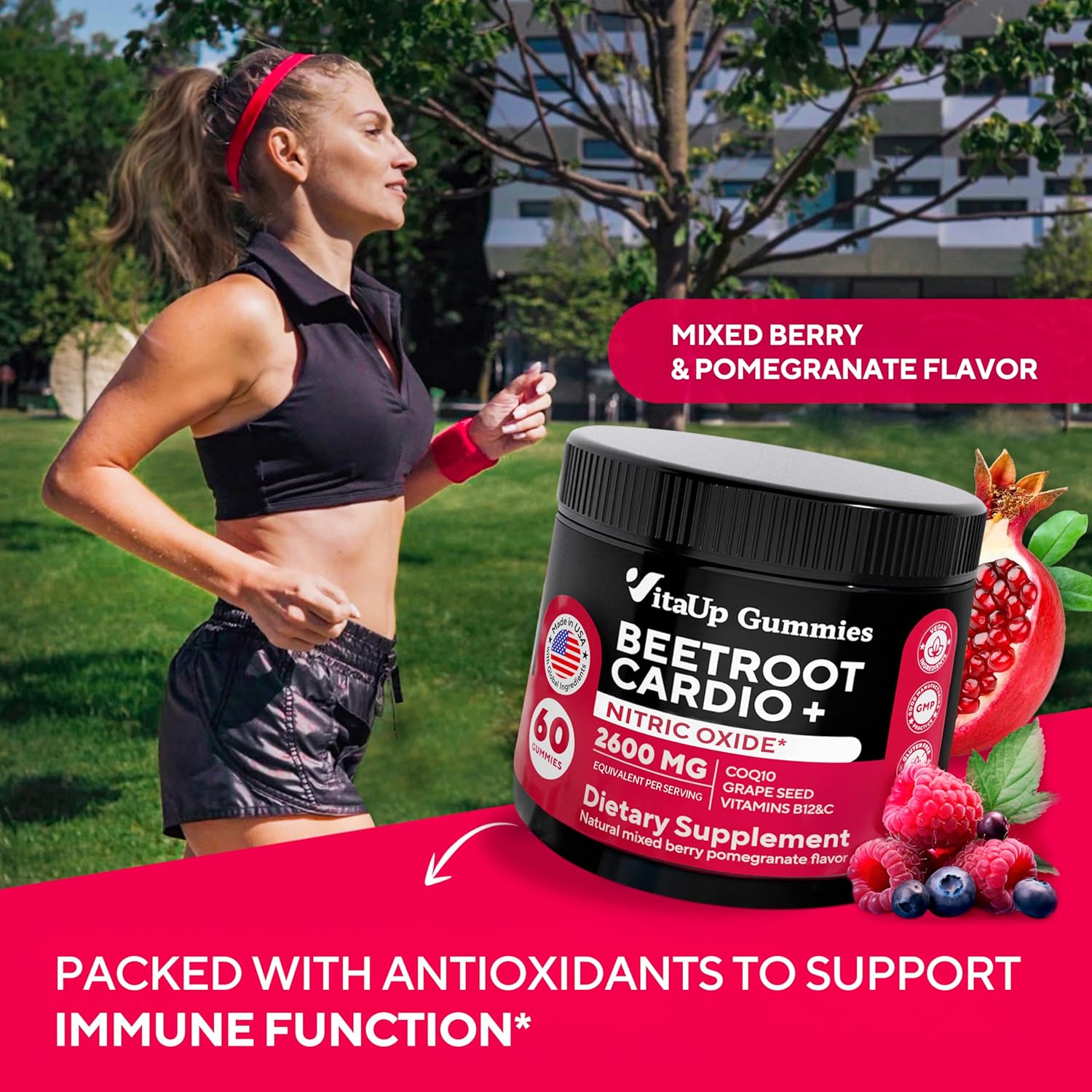 Beet Root Gummies with Grape Seed, Coq10, Vitamin C & B12 - 60 Nitric Oxide Chews for Energy & Immunity Boost