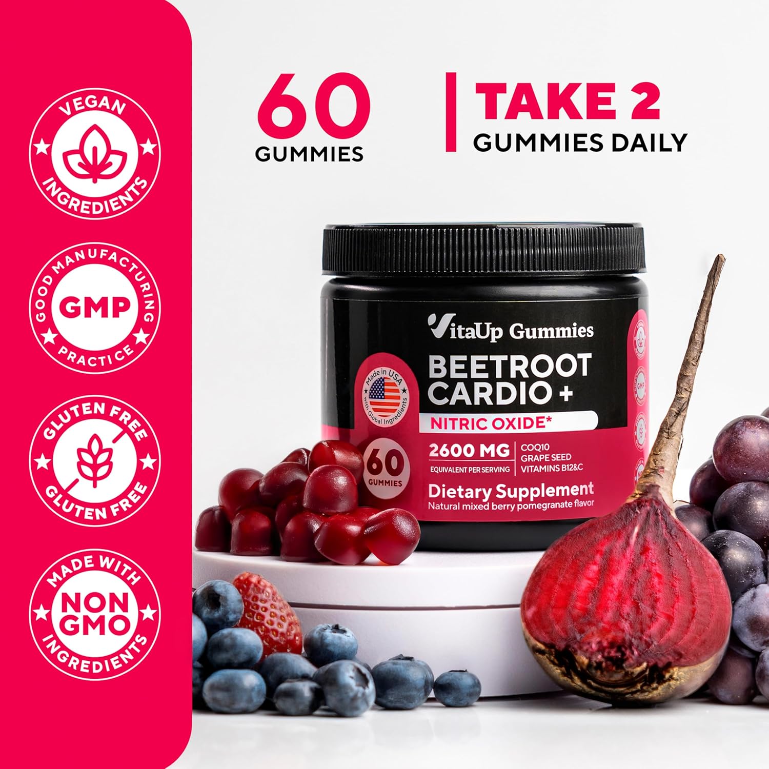 Beet Root Gummies with Grape Seed, Coq10, Vitamin C & B12 - 60 Nitric Oxide Chews for Energy & Immunity Boost