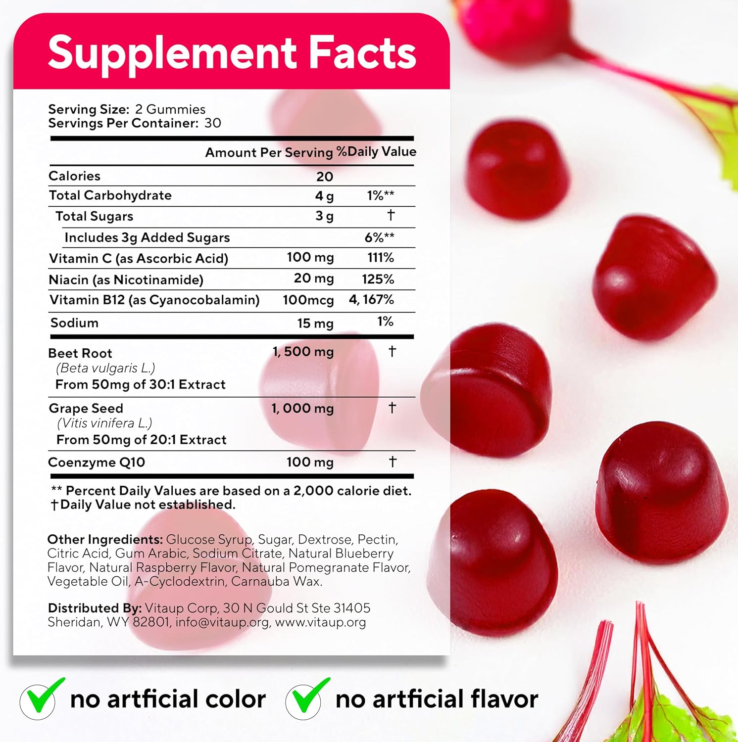 Beet Root Gummies with Grape Seed, Coq10, Vitamin C & B12 - 60 Nitric Oxide Chews for Energy & Immunity Boost