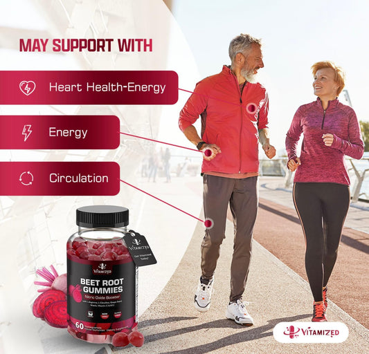 Beet Root Gummies with Nitric Oxide & B12 - Heart Health Supplement with Grape Seed - Pomegranate Flavor, 60 Chews
