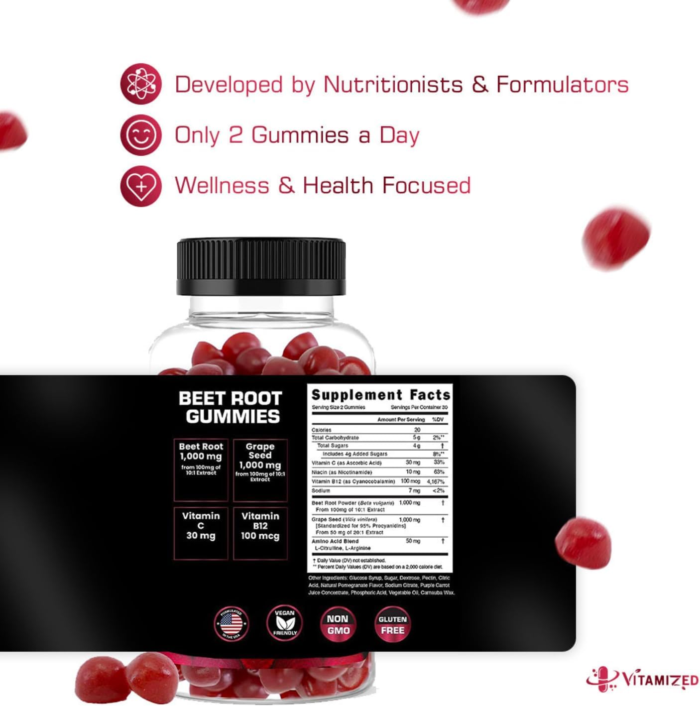 Beet Root Gummies with Nitric Oxide & B12 - Heart Health Supplement with Grape Seed - Pomegranate Flavor, 60 Chews