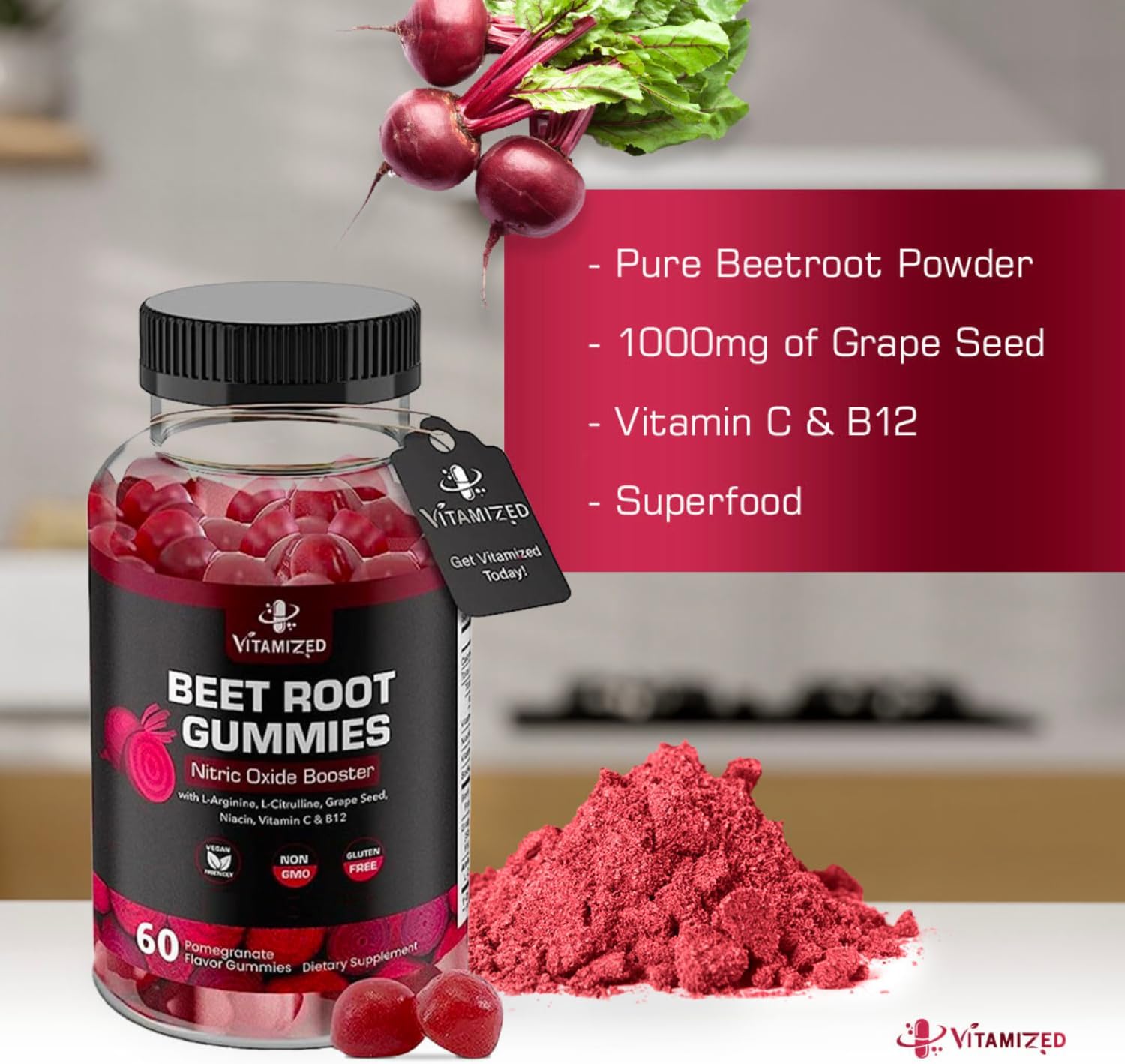 Beet Root Gummies with Nitric Oxide & B12 - Heart Health Supplement with Grape Seed - Pomegranate Flavor, 60 Chews