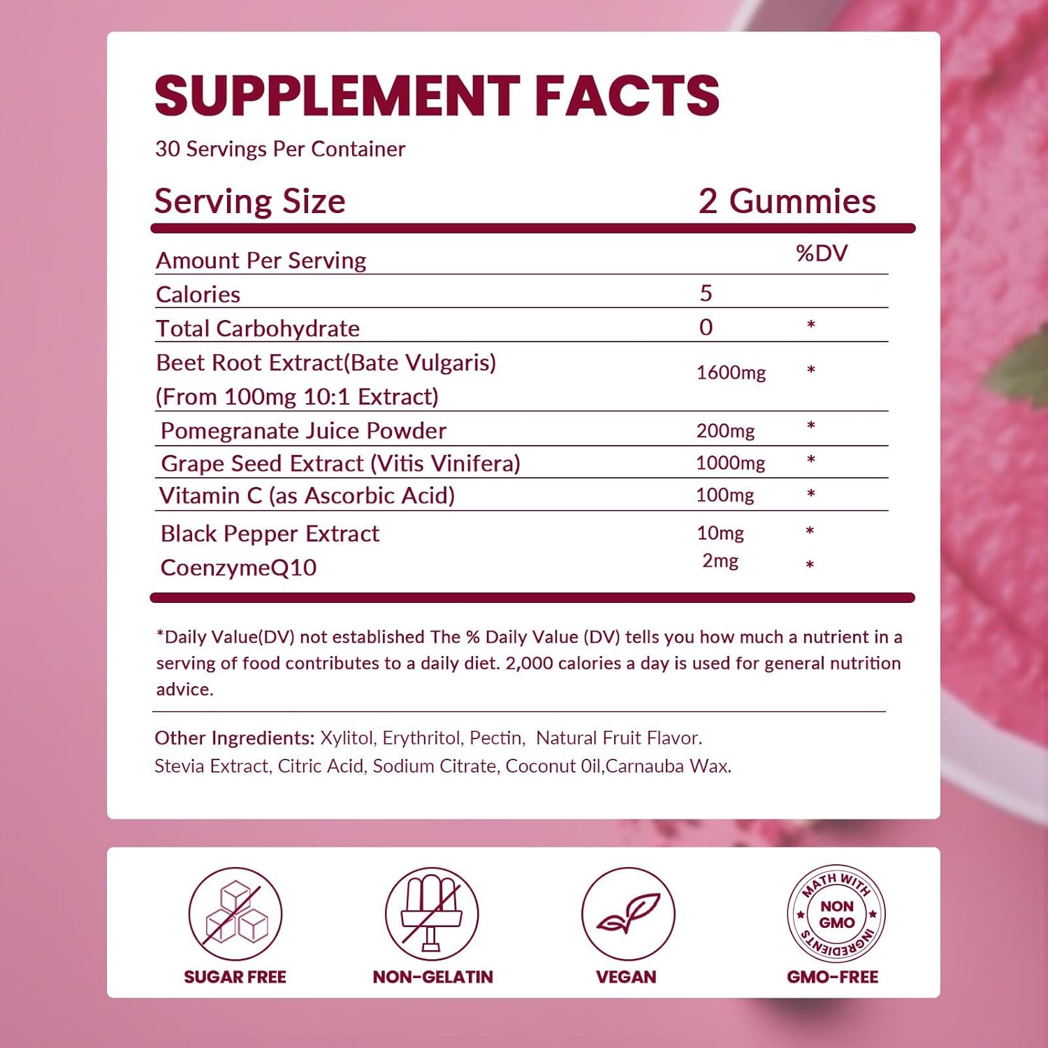 Beet Root Gummies with Pomegranate Juice and Grape Seed Extract for Men and Women - Non-GMO and Gluten-Free - 60 Gummies