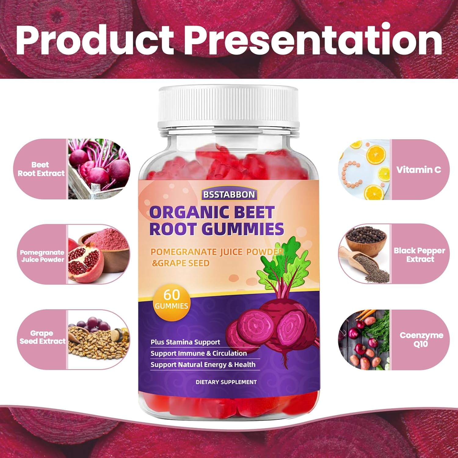 Beet Root Gummies with Pomegranate Juice and Grape Seed Extract for Men and Women - Non-GMO and Gluten-Free - 60 Gummies