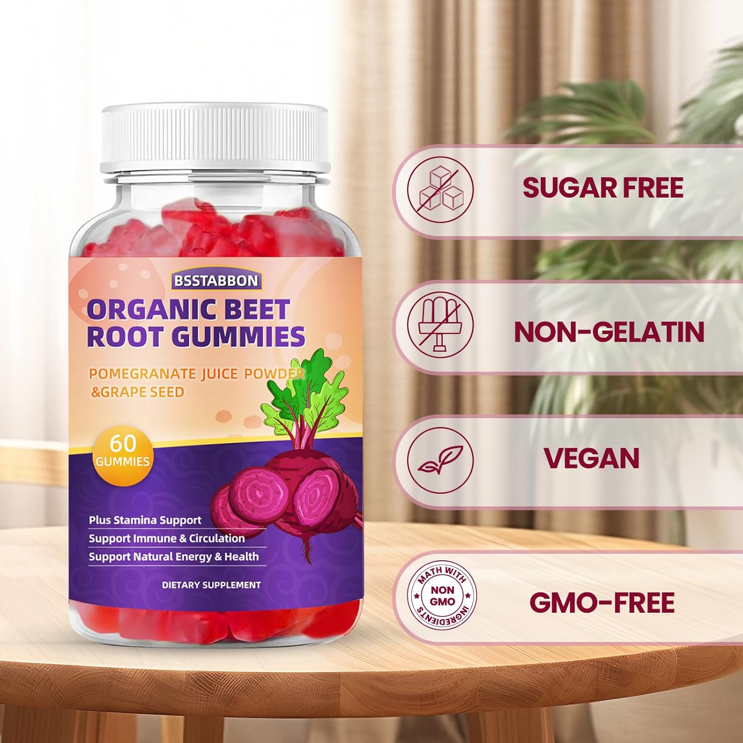 Beet Root Gummies with Pomegranate Juice and Grape Seed Extract for Men and Women - Non-GMO and Gluten-Free - 60 Gummies