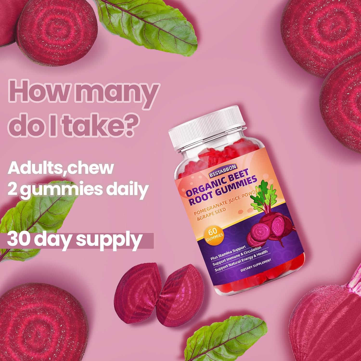Beet Root Gummies with Pomegranate Juice and Grape Seed Extract for Men and Women - Non-GMO and Gluten-Free - 60 Gummies