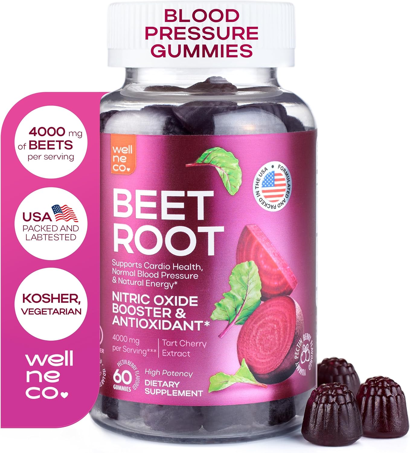 Beet Root Gummies with Tart Cherry Extract for Cardio Health - Nitric Oxide Supplements - Vegan, Non-GMO - Energy Support for Women and Men