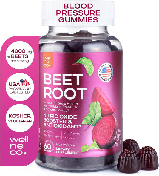 Beet Root Gummies with Tart Cherry Extract for Cardio Health - Nitric Oxide Supplements - Vegan, Non-GMO - Energy Support for Women and Men