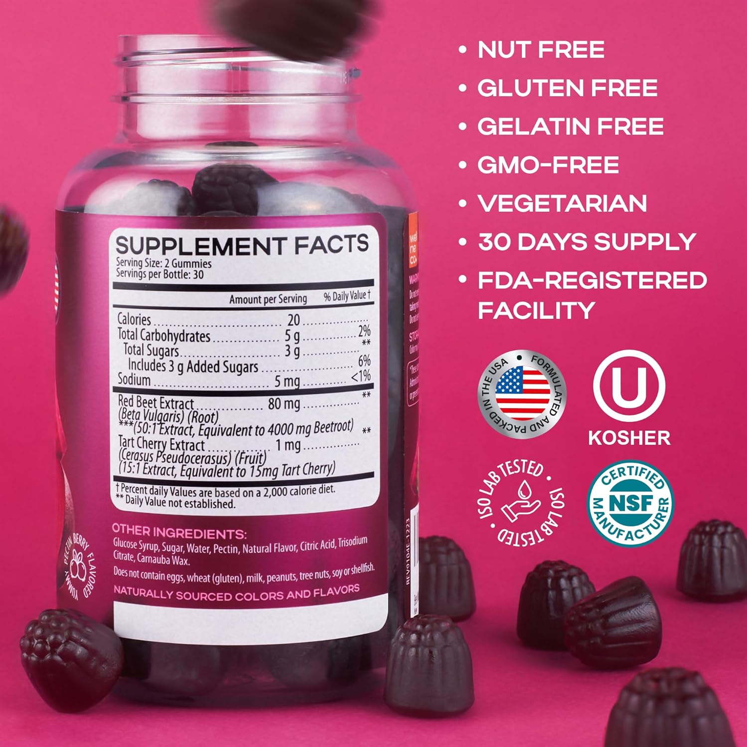 Beet Root Gummies with Tart Cherry Extract for Cardio Health - Nitric Oxide Supplements - Vegan, Non-GMO - Energy Support for Women and Men