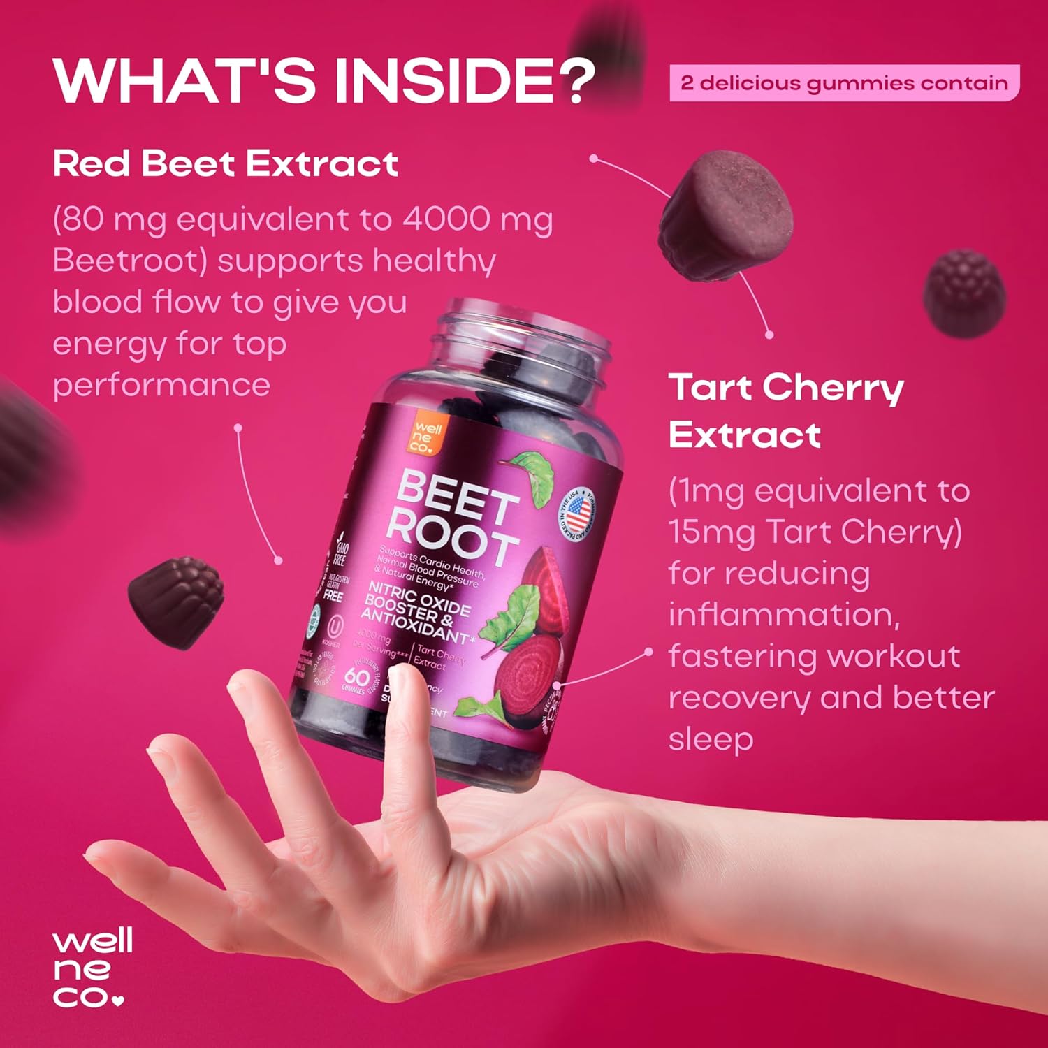 Beet Root Gummies with Tart Cherry Extract for Cardio Health - Nitric Oxide Supplements - Vegan, Non-GMO - Energy Support for Women and Men