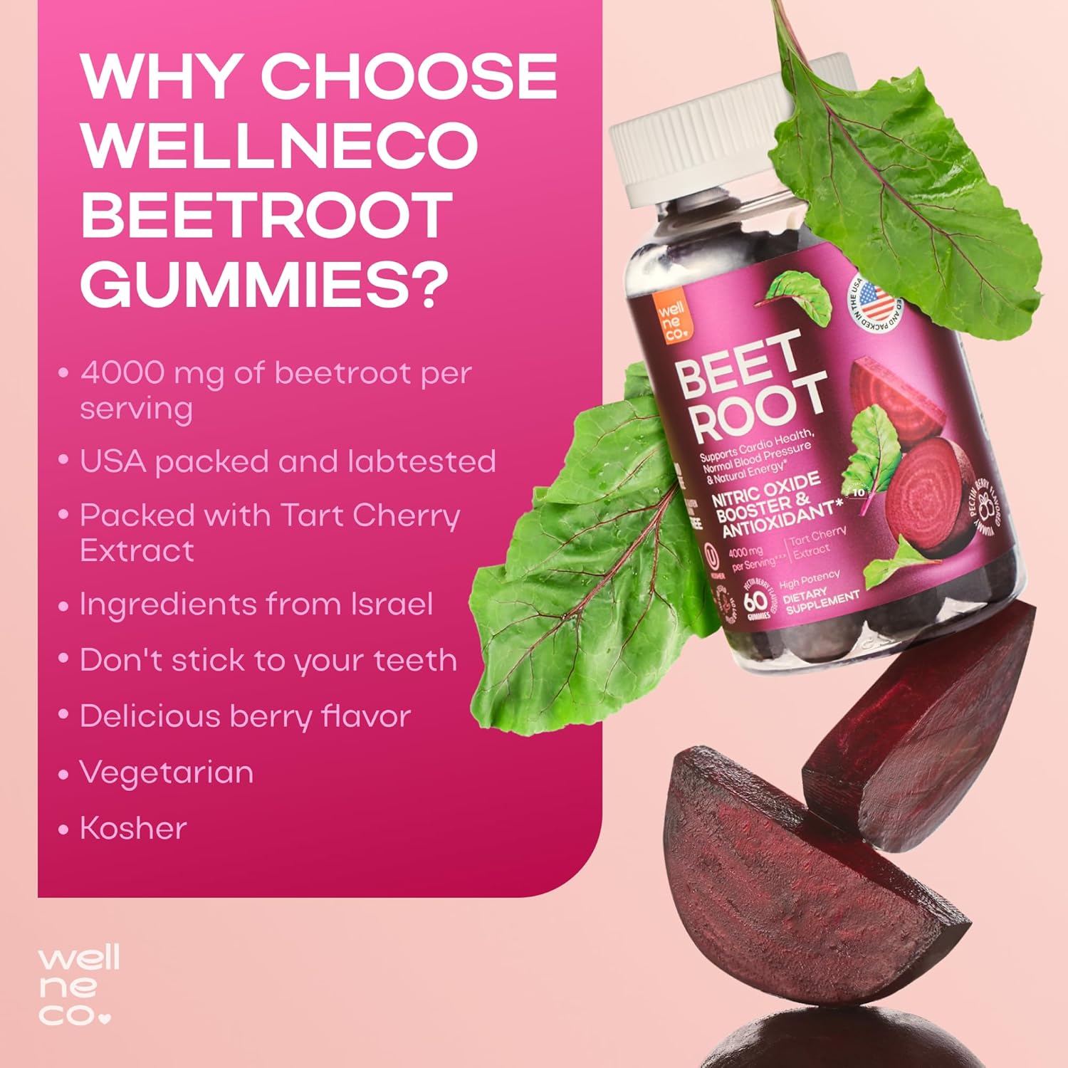 Beet Root Gummies with Tart Cherry Extract for Cardio Health - Nitric Oxide Supplements - Vegan, Non-GMO - Energy Support for Women and Men