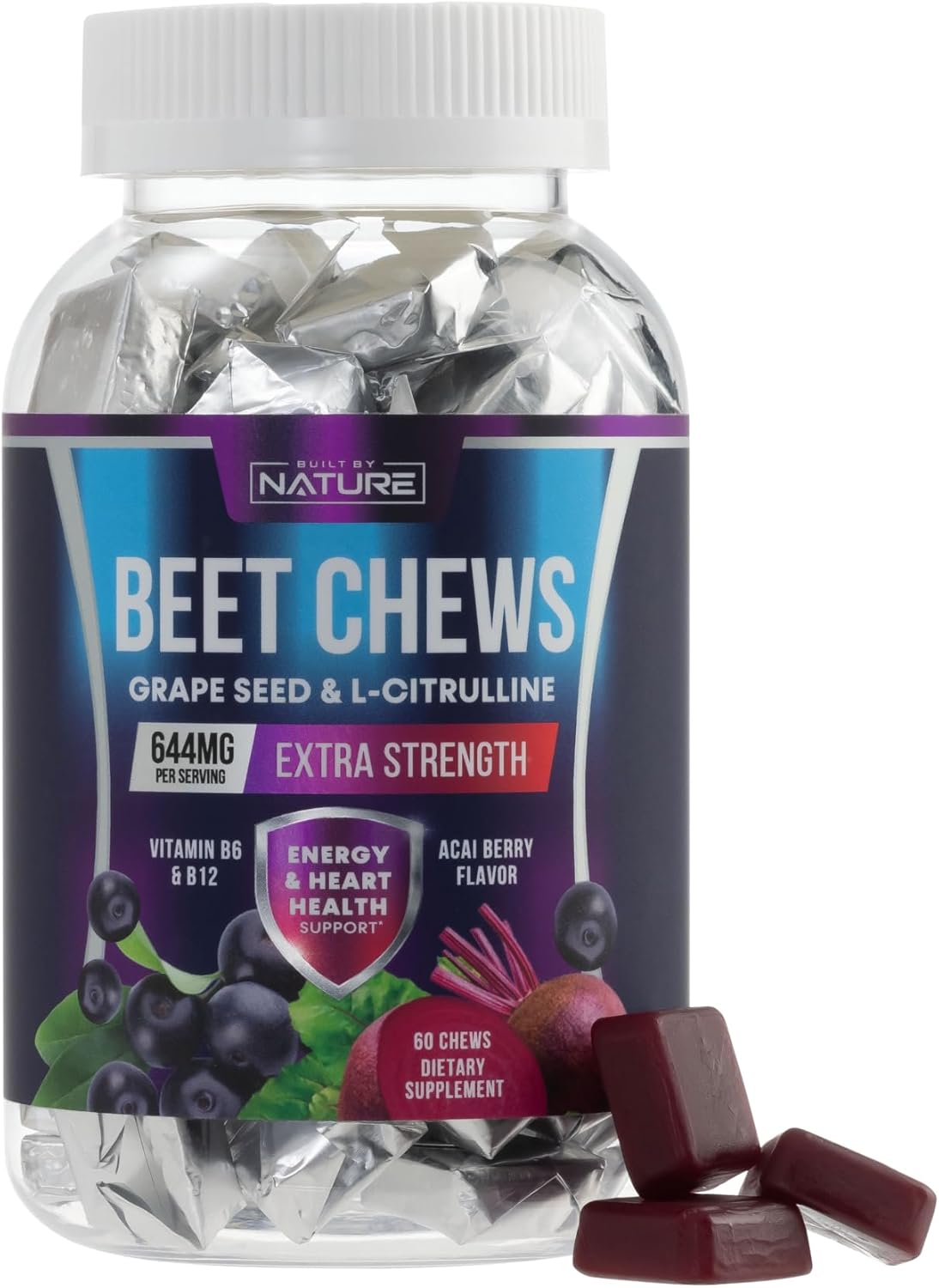 Beet Root Heart Chews with Grape Seed Extract, Non-GMO Energy Gummies - Acai Berry Flavor, 60 Count