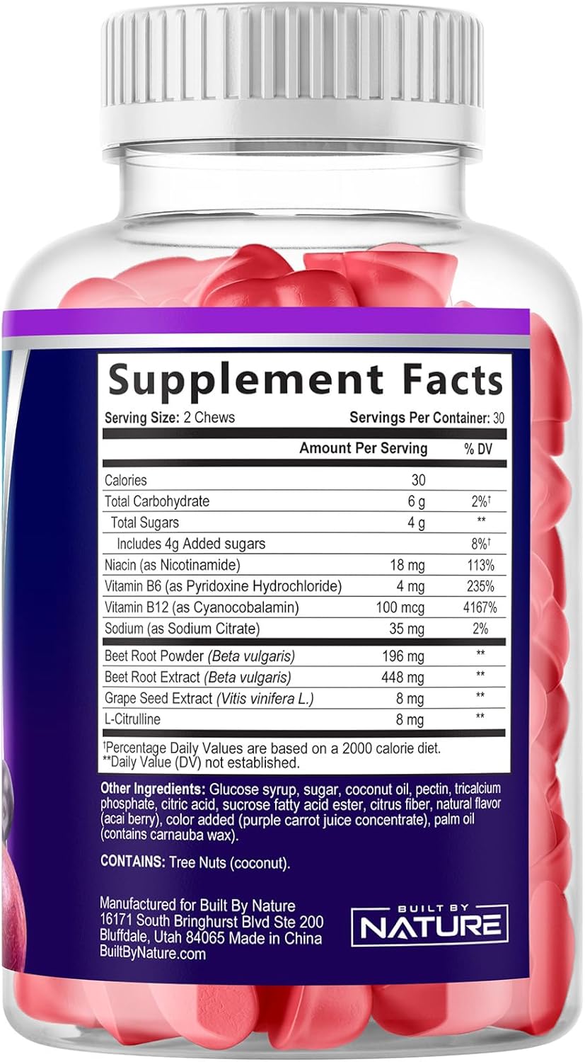 Beet Root Heart Chews with Grape Seed Extract, Non-GMO Energy Gummies - Acai Berry Flavor, 60 Count