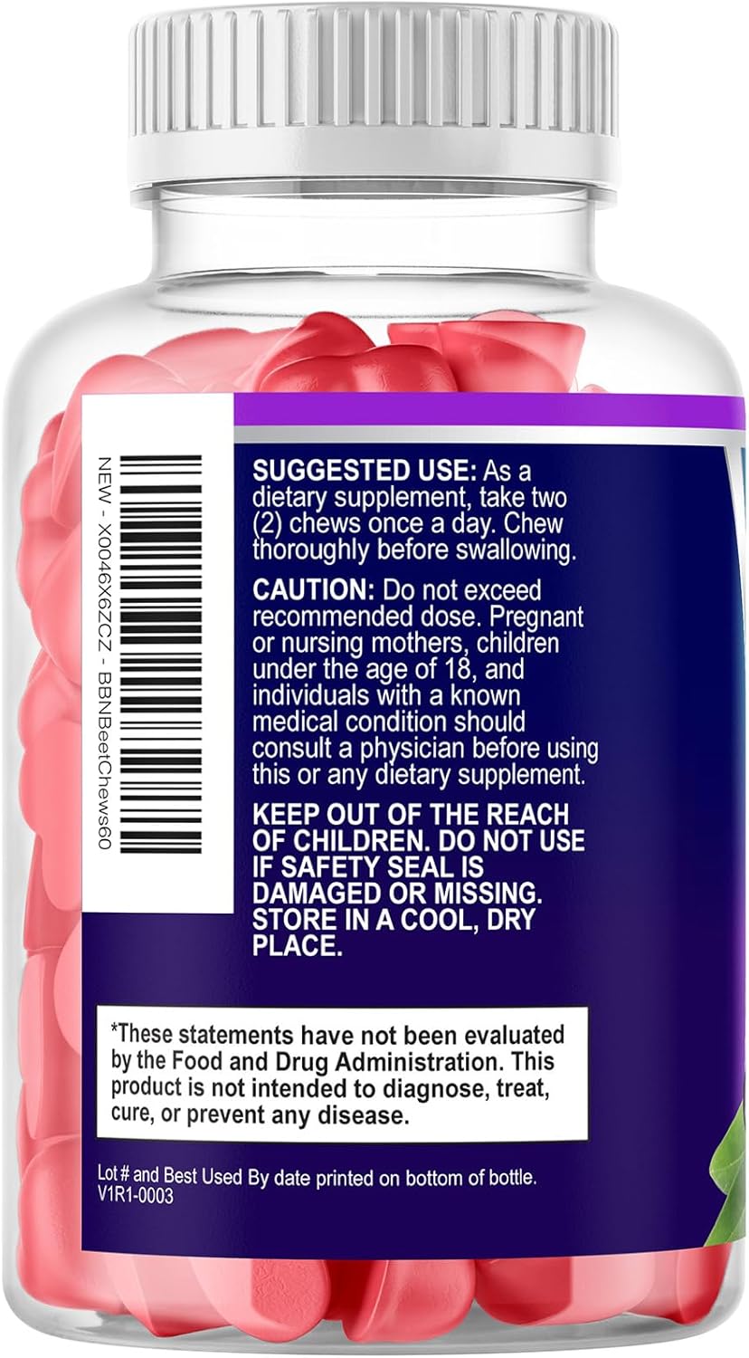 Beet Root Heart Chews with Grape Seed Extract, Non-GMO Energy Gummies - Acai Berry Flavor, 60 Count