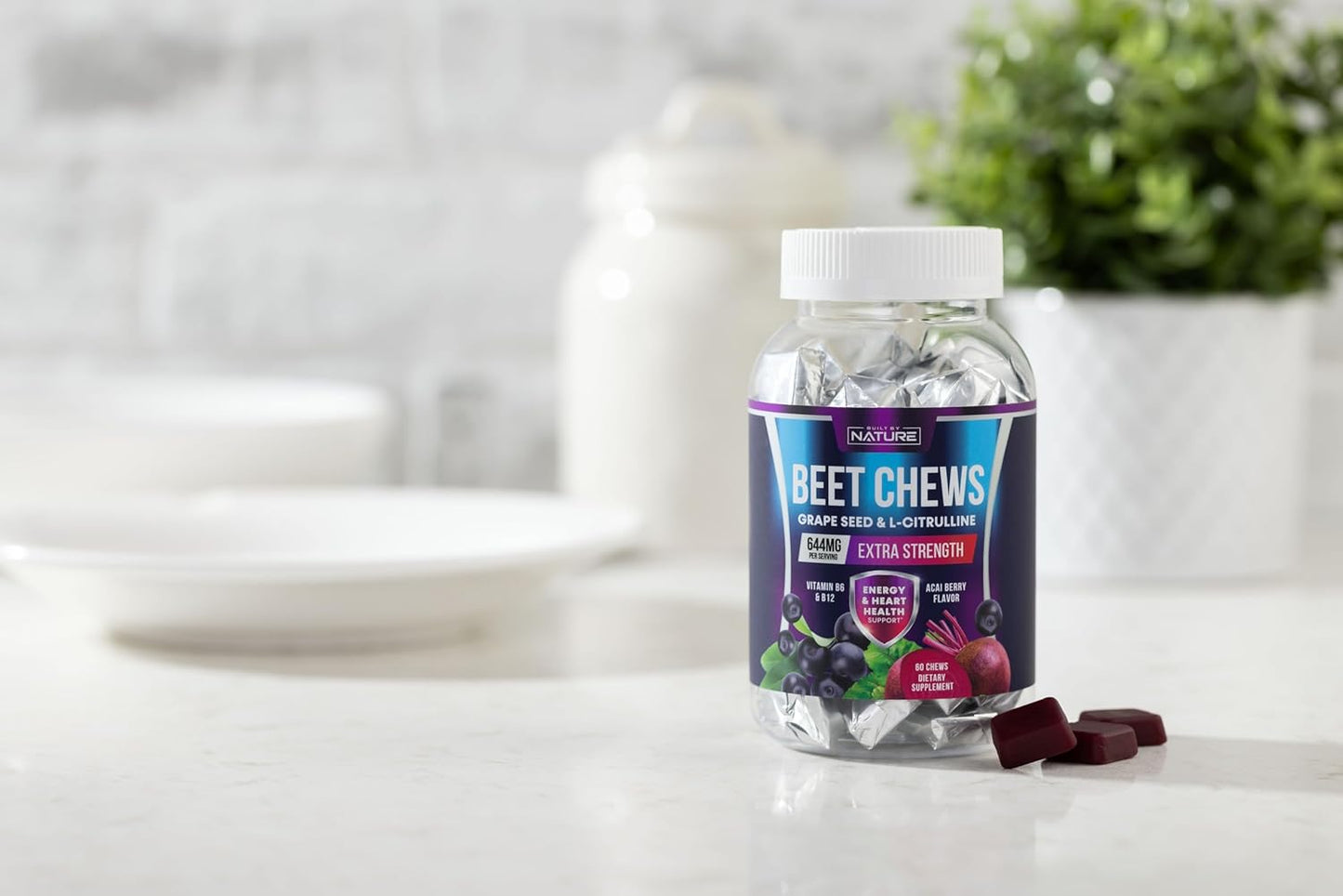 Beet Root Heart Chews with Grape Seed Extract, Non-GMO Energy Gummies - Acai Berry Flavor, 60 Count