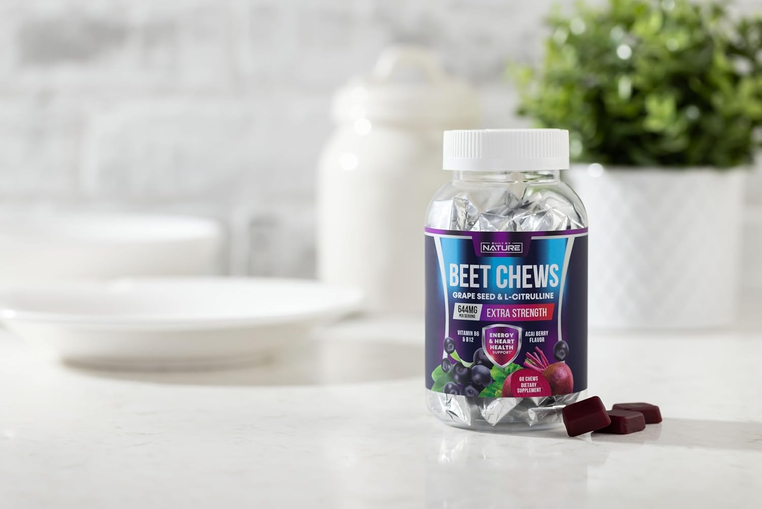 Beet Root Heart Chews with Grape Seed Extract, Non-GMO Energy Gummies - Acai Berry Flavor, 60 Count