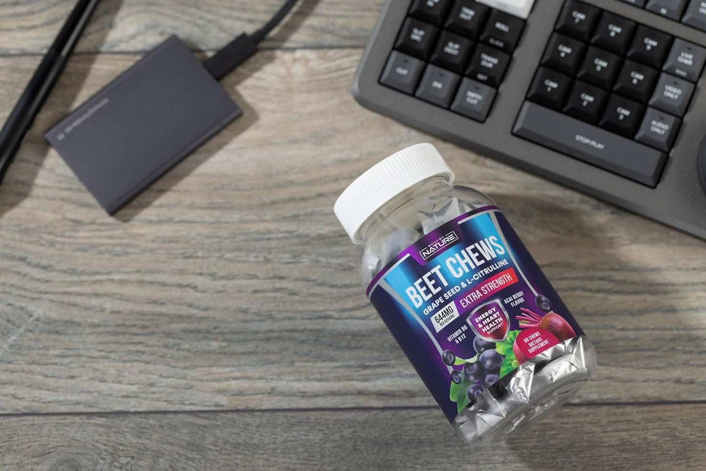 Beet Root Heart Chews with Grape Seed Extract, Non-GMO Energy Gummies - Acai Berry Flavor, 60 Count