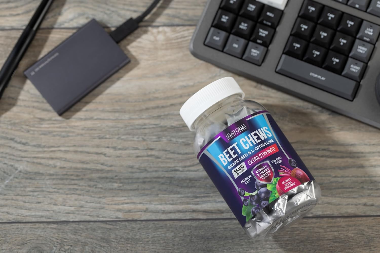 Beet Root Heart Chews with Grape Seed Extract, Non-GMO Energy Gummies - Acai Berry Flavor, 60 Count