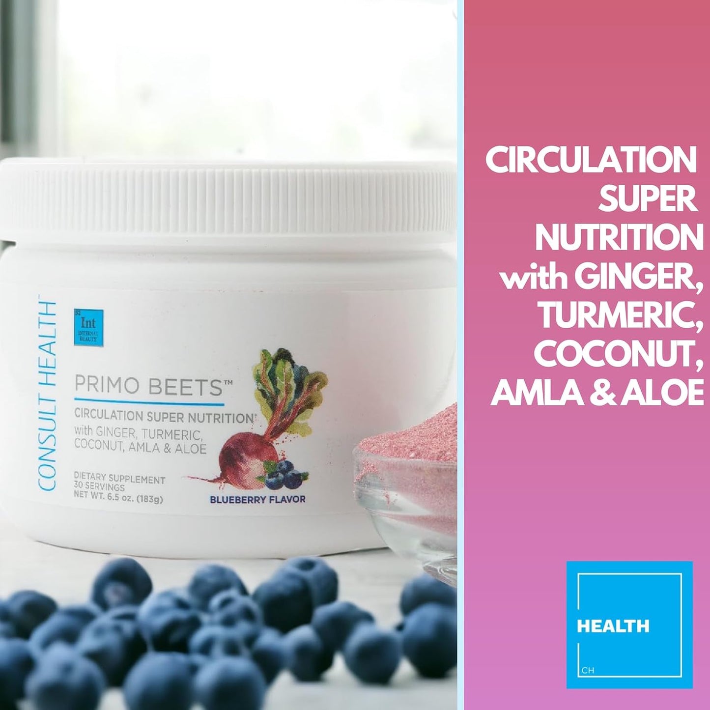 Beet Root Powder Drink Mix - Nitric Oxide Daily Nutrition Boost with Ginger & Turmeric - Supports Circulation - Blueberry Flavor - 30 Servings