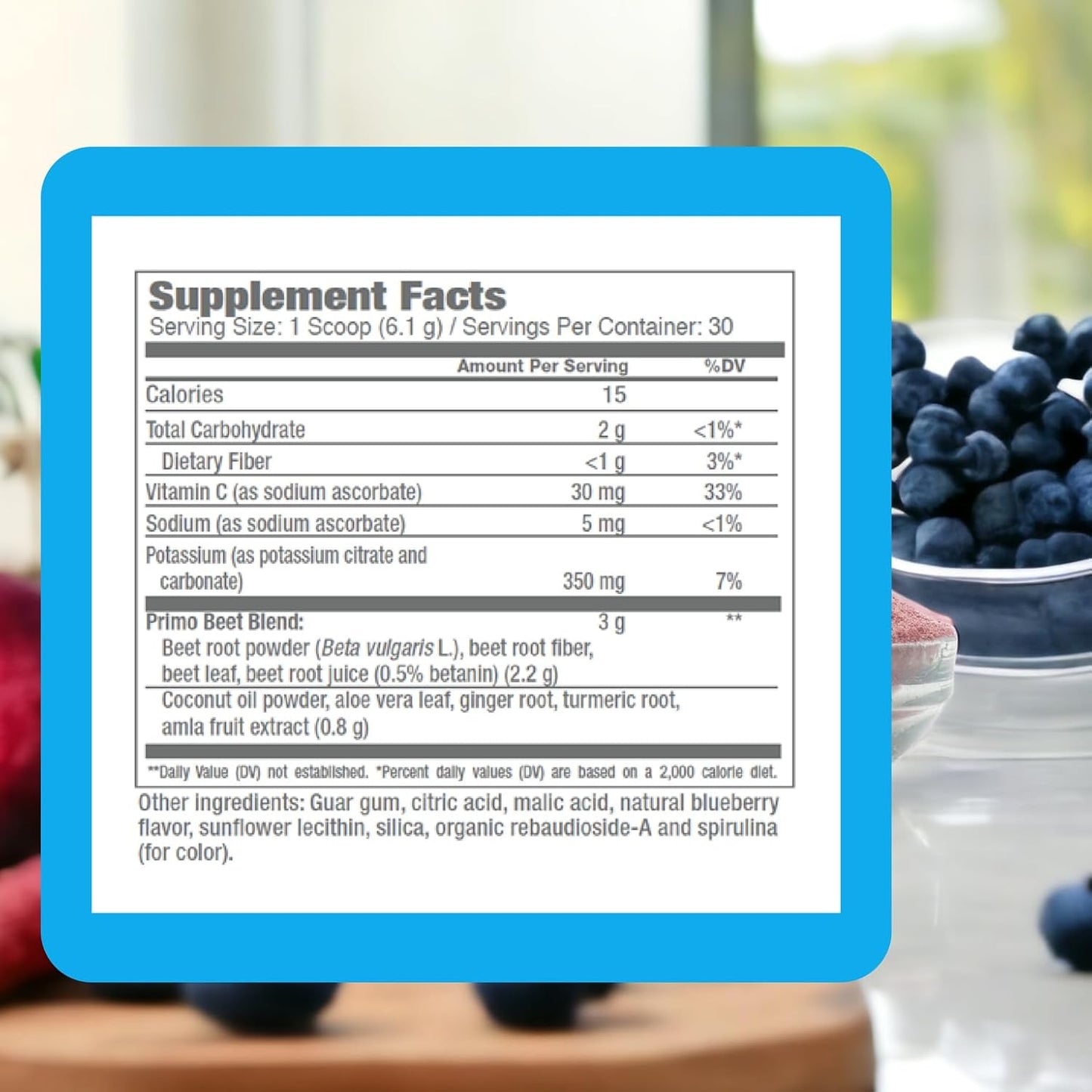 Beet Root Powder Drink Mix - Nitric Oxide Daily Nutrition Boost with Ginger & Turmeric - Supports Circulation - Blueberry Flavor - 30 Servings