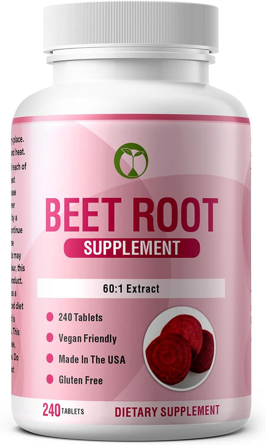 Beet Root Supplement for Blood Pressure Support and Athletic Performance - 240 Tablets, Made in USA with 150mg Beetroot Powder (60:1 Extract)